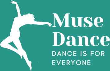 A feminine dancer silhouette with arms spread wide, next to text,: Muse Dance. Dance is for everyone